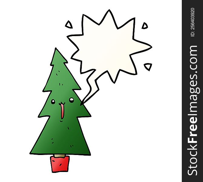 Cartoon Christmas Tree And Speech Bubble In Smooth Gradient Style