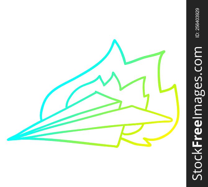 cold gradient line drawing of a cartoon burning paper airplane