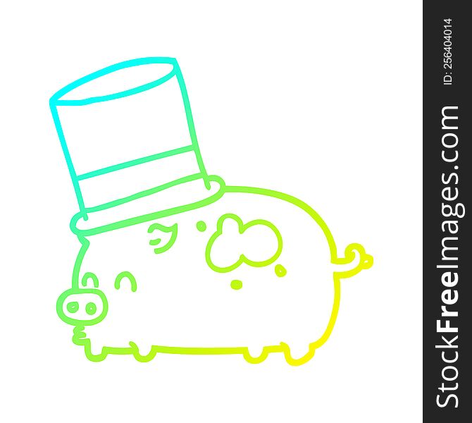 Cold Gradient Line Drawing Cartoon Pig Wearing Top Hat
