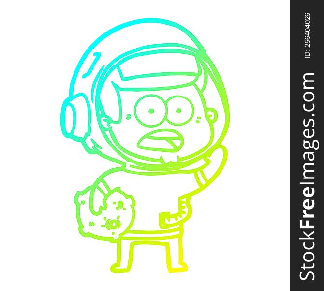 Cold Gradient Line Drawing Cartoon Surprised Astronaut Holding Moon Rock