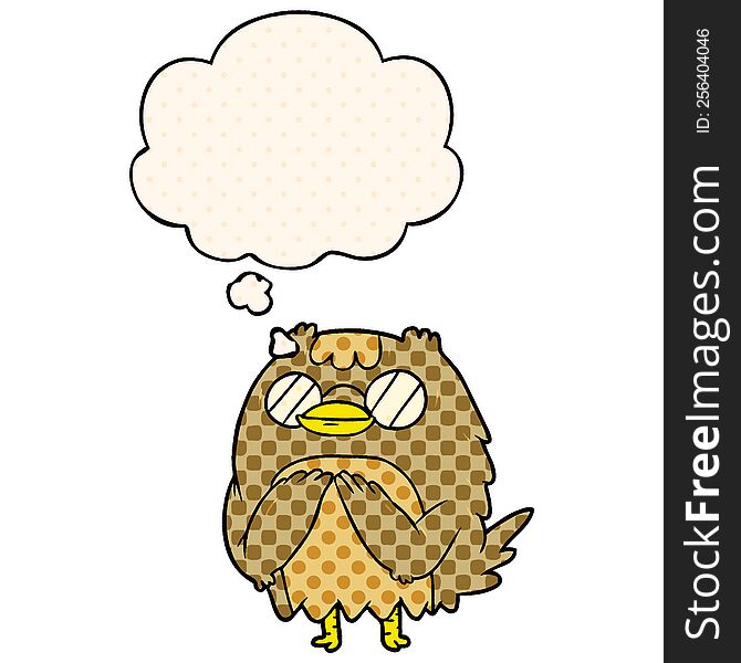 Cartoon Wise Old Owl And Thought Bubble In Comic Book Style