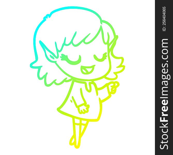 Cold Gradient Line Drawing Happy Cartoon Elf Girl Pointing