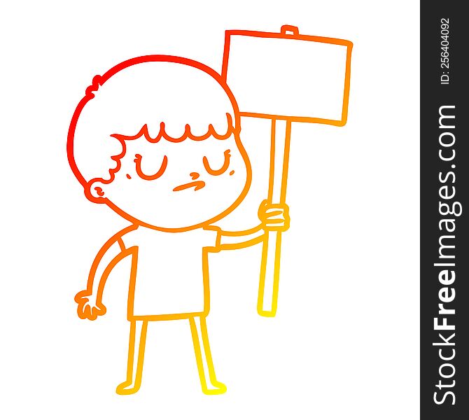 Warm Gradient Line Drawing Cartoon Grumpy Boy With Placard