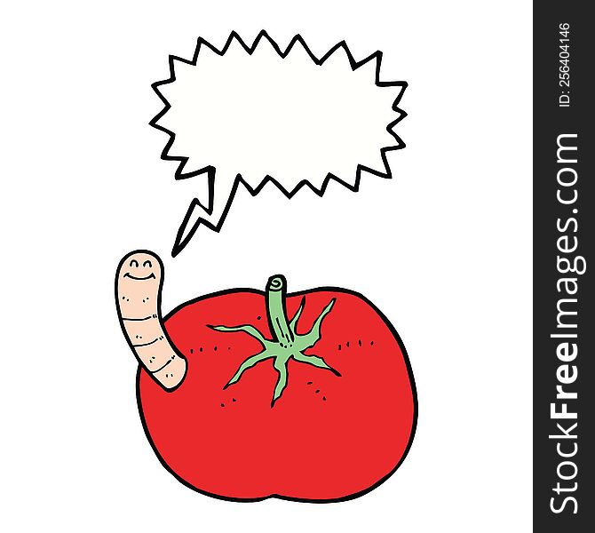 Cartoon Tomato With Worm With Speech Bubble