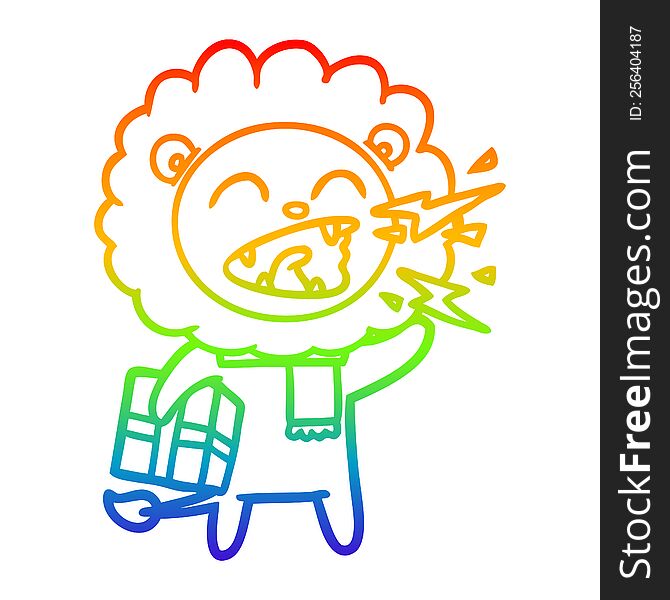 Rainbow Gradient Line Drawing Cartoon Roaring Lion With Present