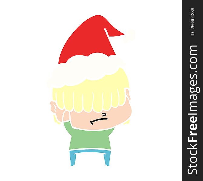 Flat Color Illustration Of A Boy With Untidy Hair Wearing Santa Hat