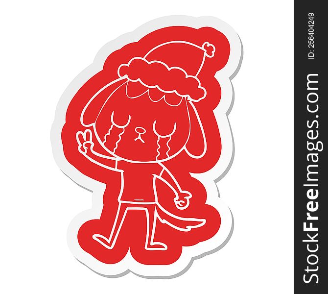 cute quirky cartoon  sticker of a dog crying wearing santa hat