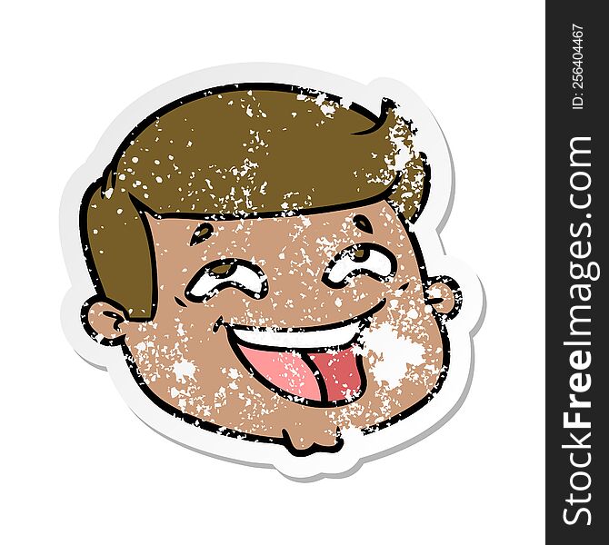 distressed sticker of a happy cartoon male face