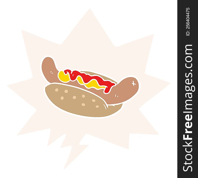 cartoon fresh tasty hot dog and speech bubble in retro style