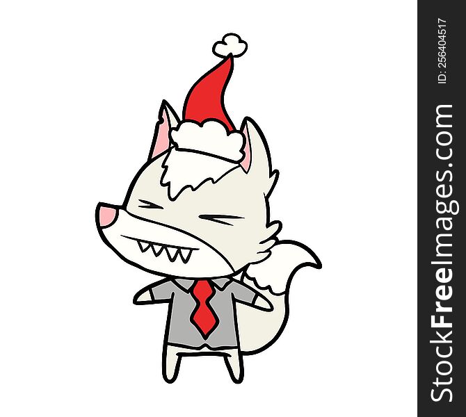 angry wolf boss hand drawn line drawing of a wearing santa hat. angry wolf boss hand drawn line drawing of a wearing santa hat