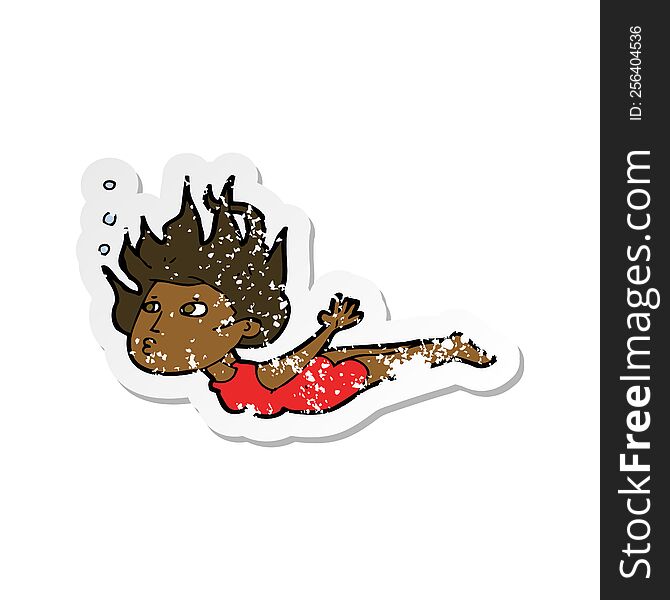 retro distressed sticker of a cartoon woman swimming underwater