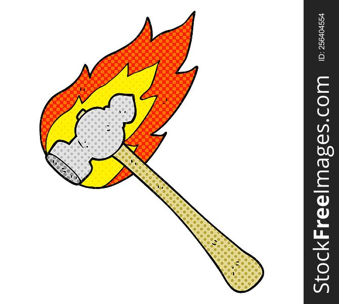 freehand drawn comic book style cartoon flaming hammer