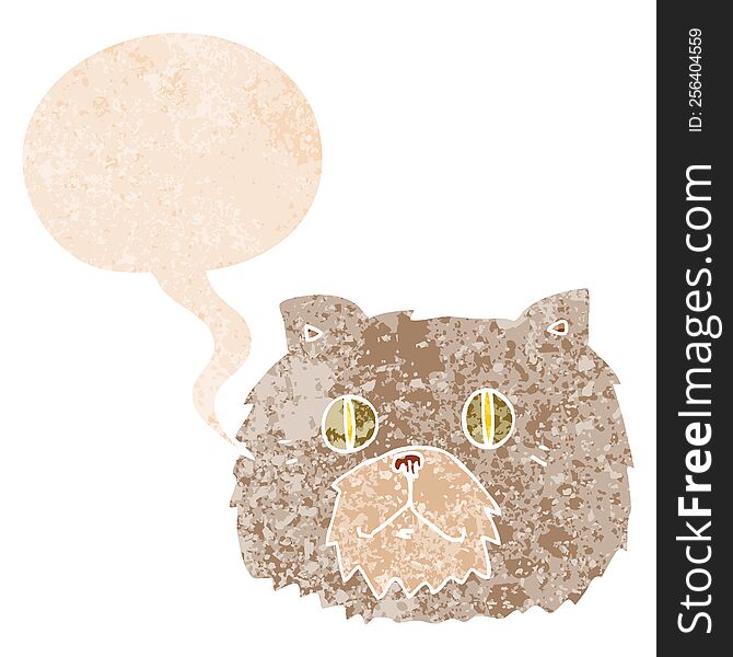 cartoon cat face with speech bubble in grunge distressed retro textured style. cartoon cat face with speech bubble in grunge distressed retro textured style