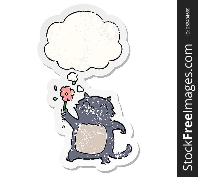 Cartoon Cat With Flower And Thought Bubble As A Distressed Worn Sticker