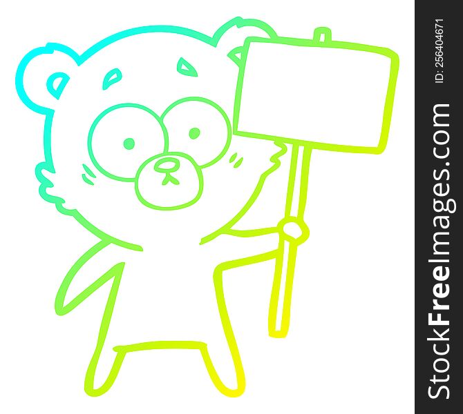 cold gradient line drawing of a nervous polar bear cartoon with protest sign