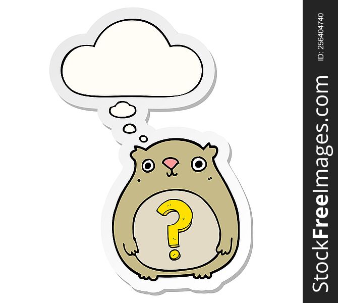 cartoon curious bear with thought bubble as a printed sticker