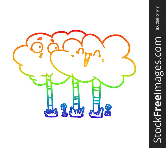 rainbow gradient line drawing of a cartoon trees with faces