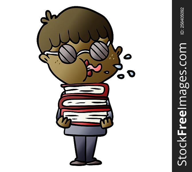cartoon boy wearing dark glasses carrying books. cartoon boy wearing dark glasses carrying books