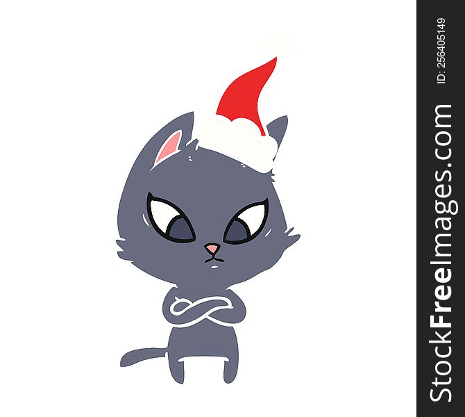 Confused Flat Color Illustration Of A Cat Wearing Santa Hat