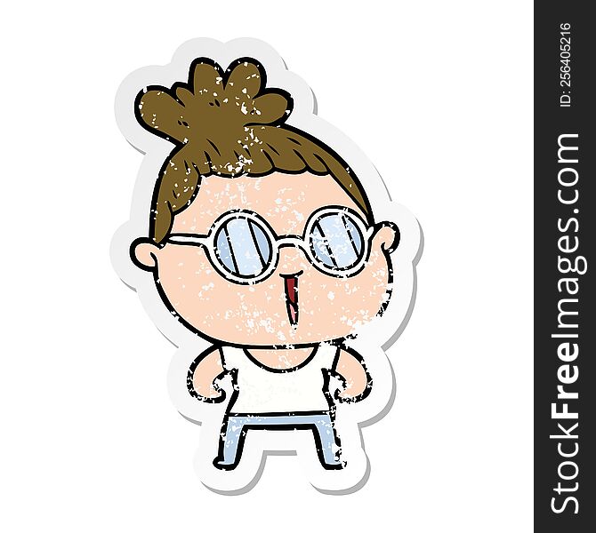 Distressed Sticker Of A Cartoon Tough Woman Wearing Spectacles