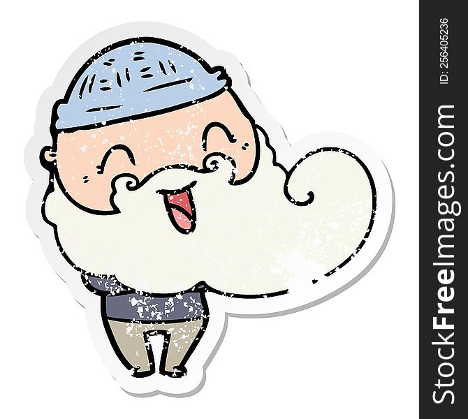 Distressed Sticker Of A Happy Man With Beard And Winter Hat