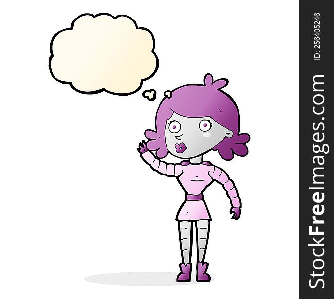Cartoon Robot Woman Waving With Thought Bubble