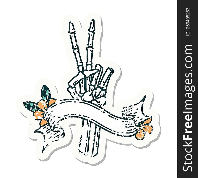 Grunge Sticker With Banner Of A Skeleton Hand Giving A Peace Sign