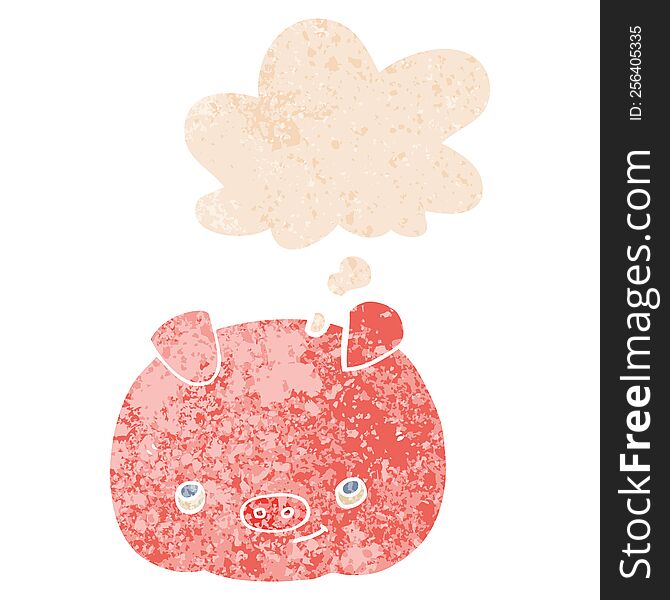 Cartoon Happy Pig And Thought Bubble In Retro Textured Style