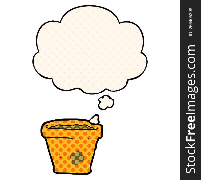 cartoon plant pot with thought bubble in comic book style