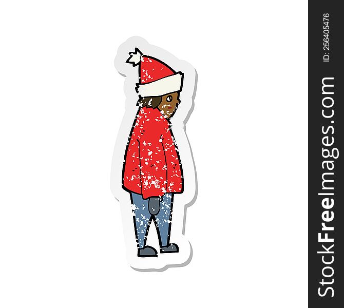 retro distressed sticker of a cartoon person in winter clothes