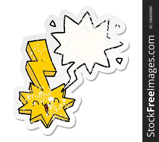 cartoon lightning bolt with speech bubble distressed distressed old sticker. cartoon lightning bolt with speech bubble distressed distressed old sticker