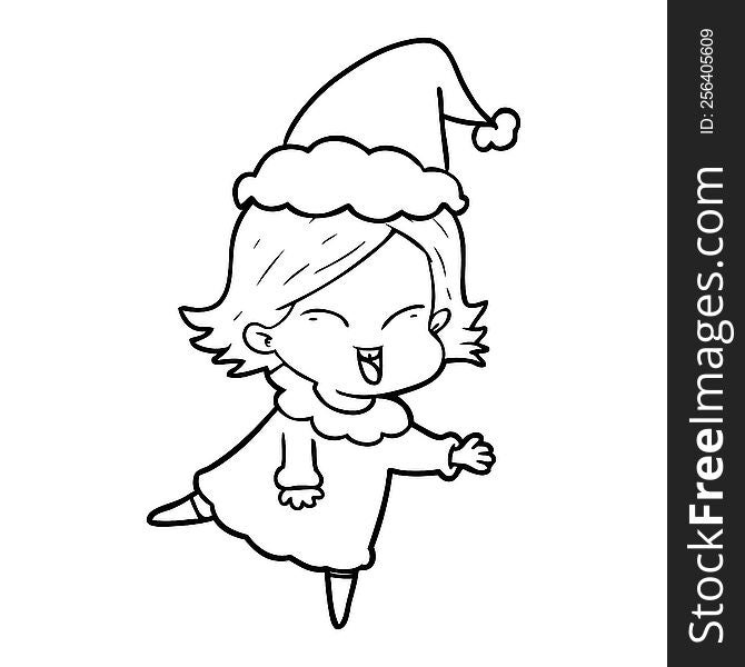 happy hand drawn line drawing of a girl wearing santa hat. happy hand drawn line drawing of a girl wearing santa hat