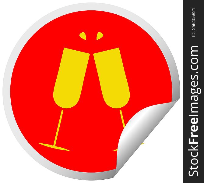 circular peeling sticker cartoon of a clinking champagne flutes