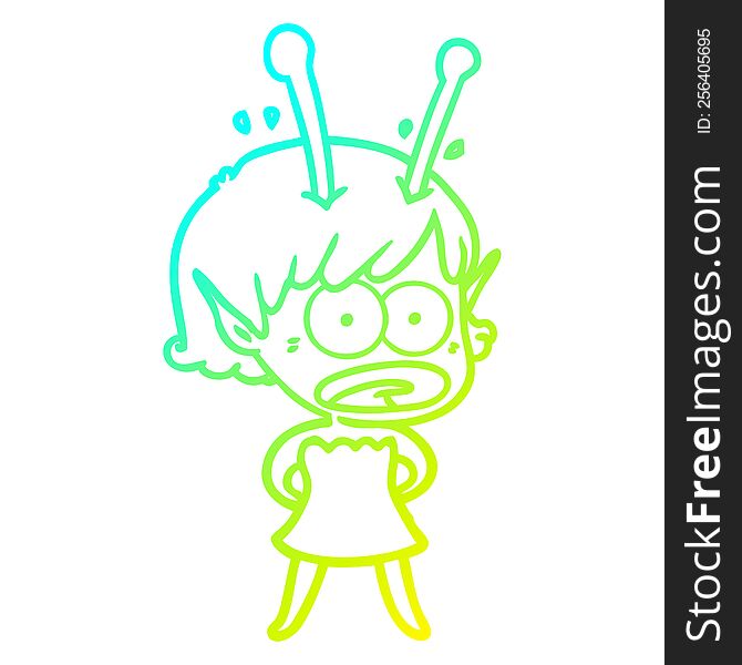 Cold Gradient Line Drawing Cartoon Shocked Alien Girl