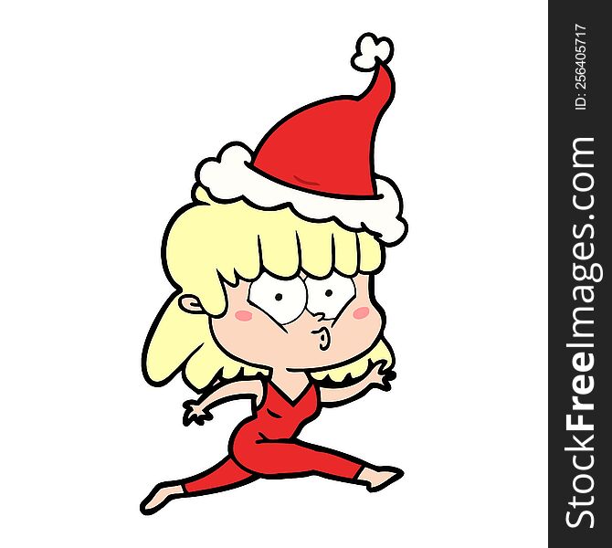 hand drawn line drawing of a woman running wearing santa hat