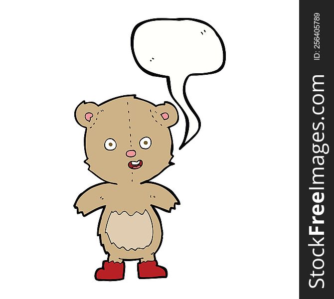 Cartoon Happy Teddy Bear In Boots With Speech Bubble