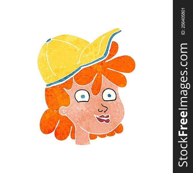 freehand retro cartoon woman wearing cap. freehand retro cartoon woman wearing cap