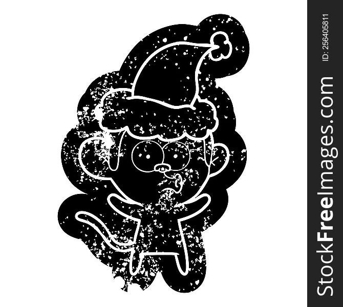 Cartoon Distressed Icon Of A Surprised Monkey Wearing Santa Hat
