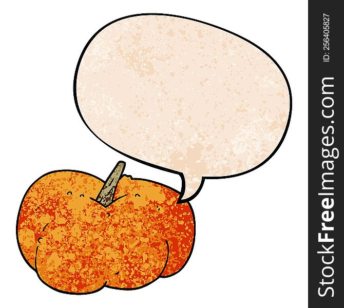 cartoon pumpkin squash with speech bubble in retro texture style