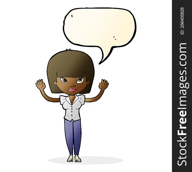 cartoon woman with raised hands with speech bubble