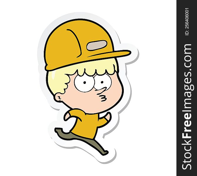 Sticker Of A Cartoon Man In Builders Hat Running