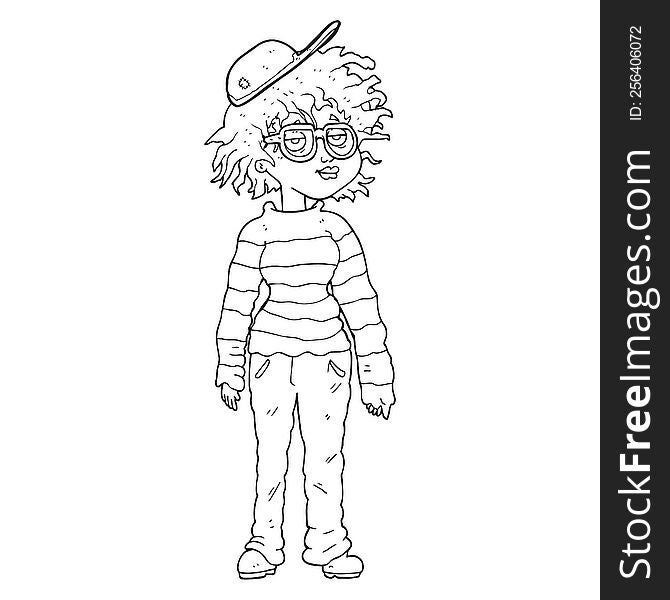 freehand drawn black and white cartoon geeky girl