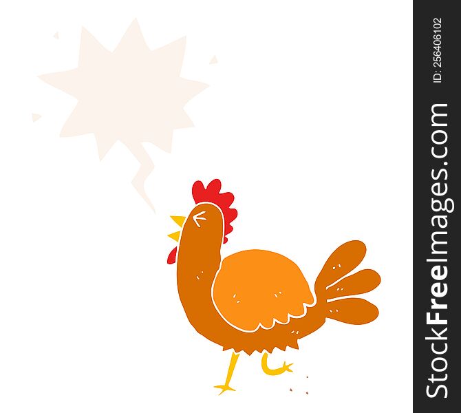 cartoon rooster with speech bubble in retro style