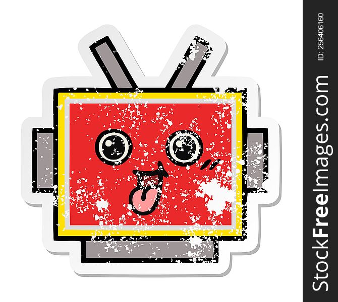 Distressed Sticker Of A Cute Cartoon Robot Head