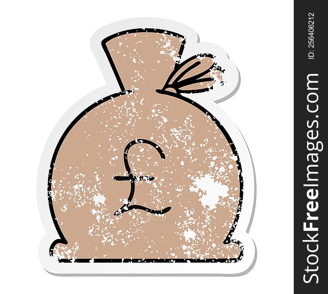 distressed sticker of a cute cartoon bag of money