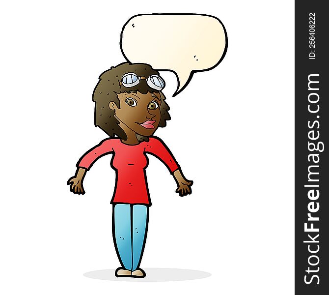 cartoon woman wearing goggles with speech bubble