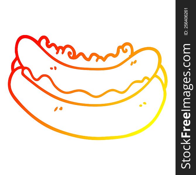 warm gradient line drawing of a cartoon hotdog in a bun