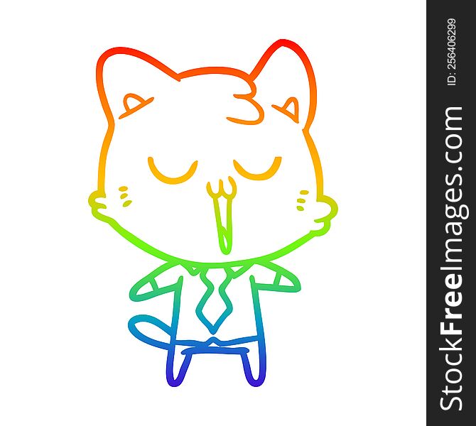 Rainbow Gradient Line Drawing Cartoon Cat In Shirt And Tie