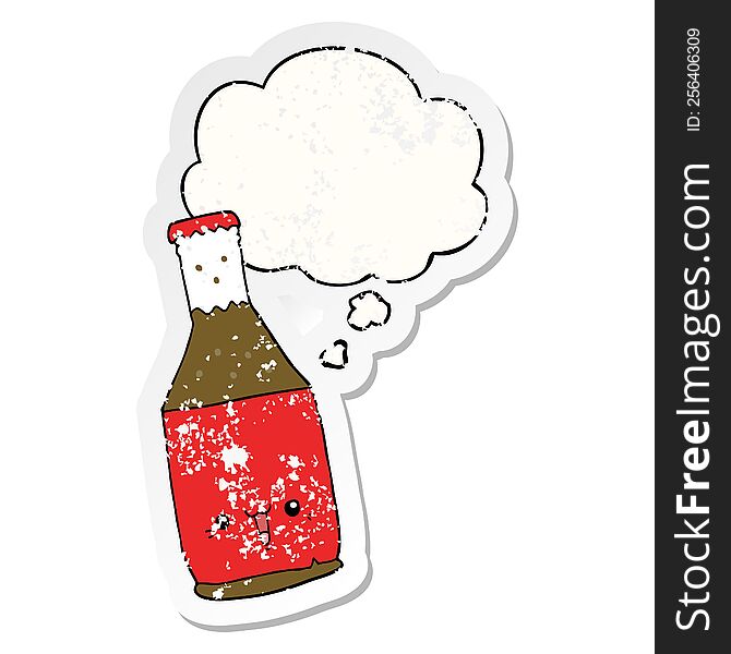 Cartoon Beer Bottle And Thought Bubble As A Distressed Worn Sticker