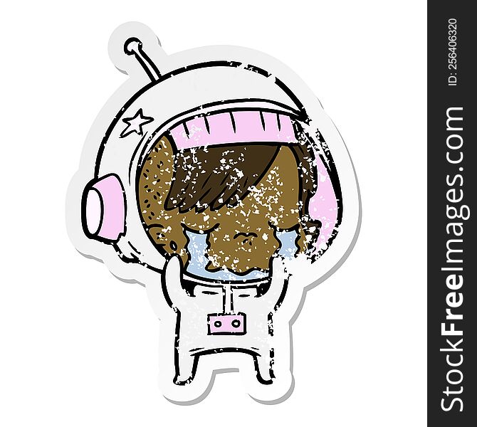 distressed sticker of a cartoon crying astronaut girl